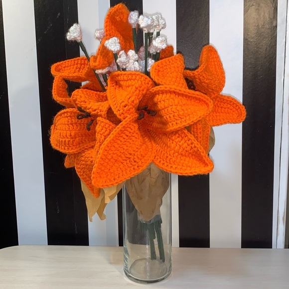 Handmade Crochet Forever Bouquet of Tiger Lilies Great Gift Unique Home Decor - Picture 3 of 17